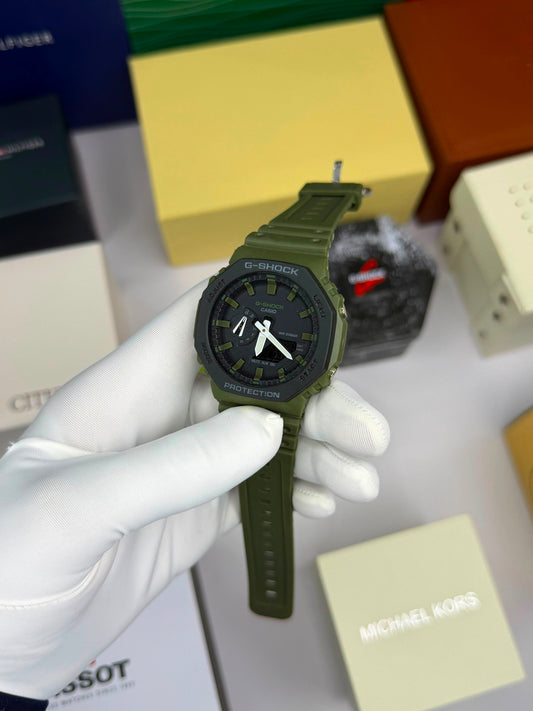 Premium Olive Green Sports Analog-Digital Watch with Designer Dial & Resin Strap