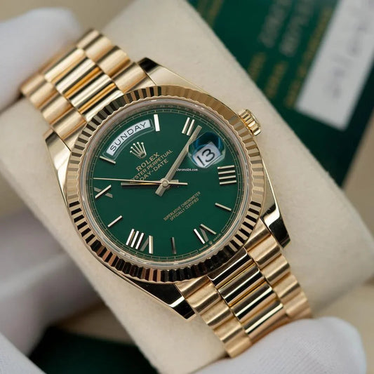 Rolex Day-Date Men's Automatic Gold Watch with Green Dial & Fluted Bezel (President Bracelet)