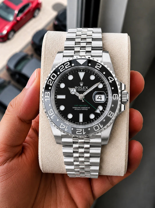 Rolex GMT-Master II Men's Automatic Stainless Steel Watch with Black Dial & Grey-Black Ceramic Bezel (Jubilee Bracelet)