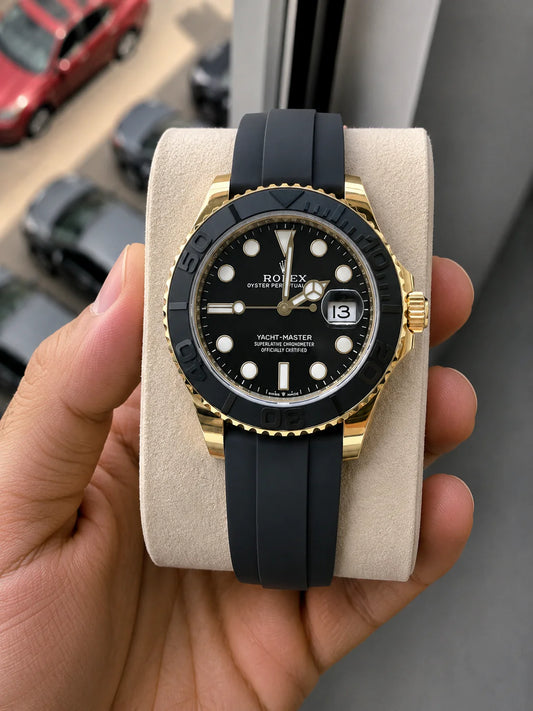 Luxury Black Diver Automatic Watch with Gold-Tone Bezel & Rubber Strap