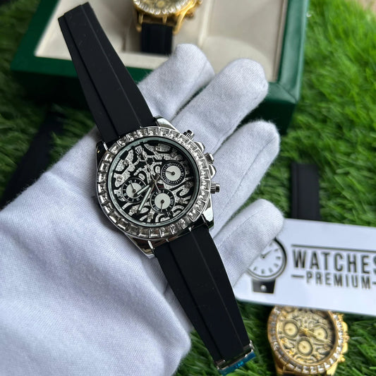 Rolex Cosmograph Daytona Men's Automatic Silver Watch with Skeleton Dial, Diamond-Style Bezel & Black Rubber Strap