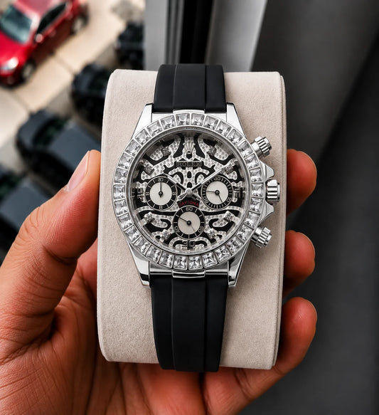 Rolex Cosmograph Daytona Men's Automatic Silver Watch with Skeleton Dial, Diamond-Style Bezel & Black Rubber Strap