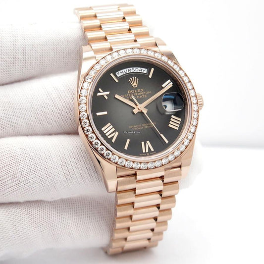 Rolex Datejust Women's Automatic Rose Gold Watch with Black Dial & Diamond-Style Bezel (President Bracelet)