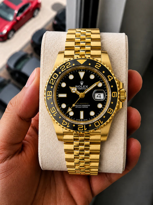 Rolex GMT-Master II Men's Automatic Gold Watch with Black Dial & Black-Gold Ceramic Bezel (Jubilee Bracelet)
