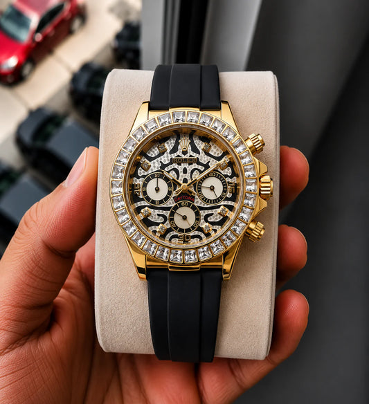 Luxury Skeleton Chronograph Watch with Diamond-Style Bezel & Black Rubber Strap