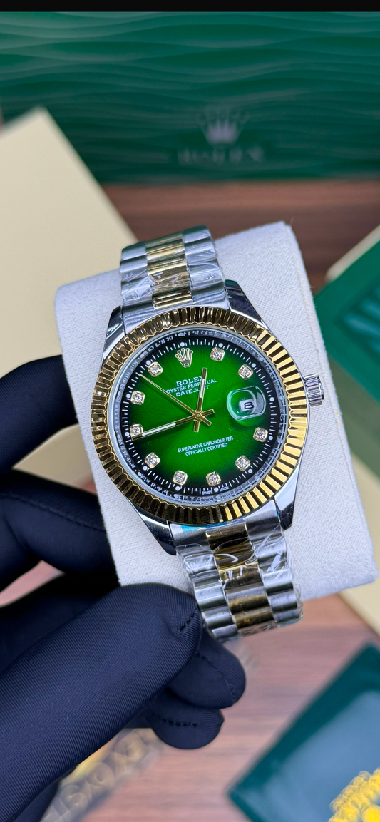 LUXURY ROLEX DATE JUST SELIVER &GOLD ￼GREEN EDITION  TWO  TONE  DIAMOND  WATCH