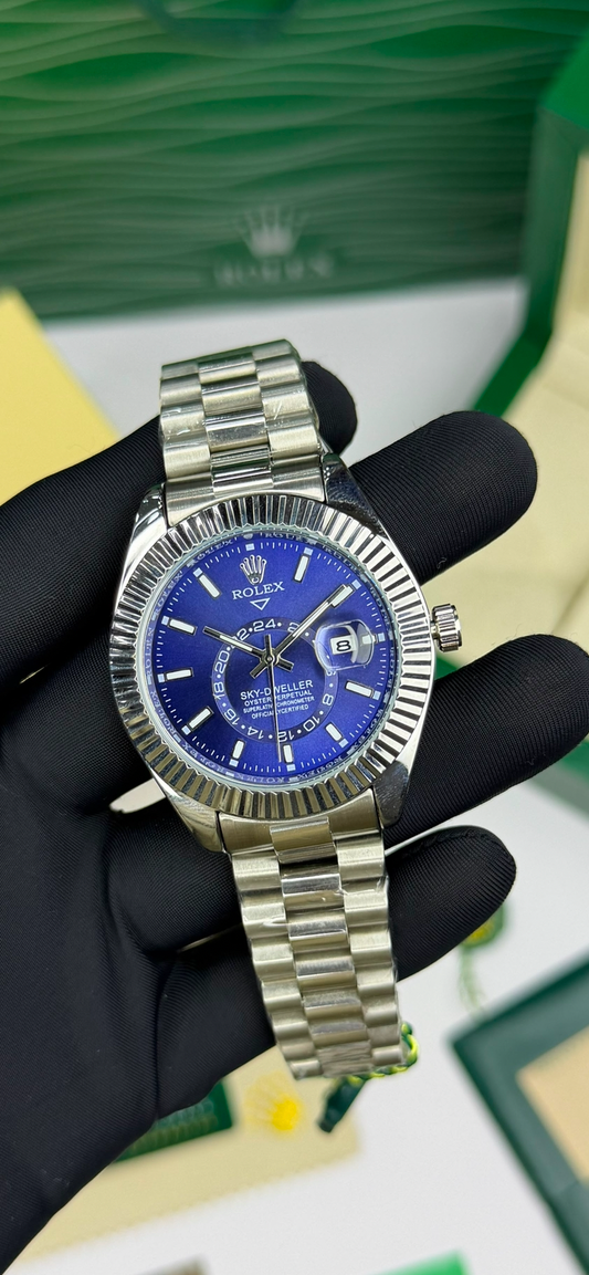 LUXUEY ROLEX SKY-DWELLER.  BLUE SILVER EDITION DIAMOND  WATCH