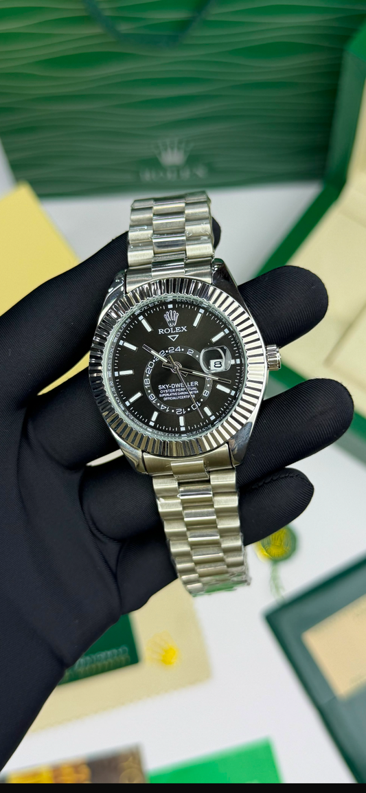 LUXUEY ROLEX SKY-DWELLER.      BLACK  SILVER EDITION DIAMOND  WATCH