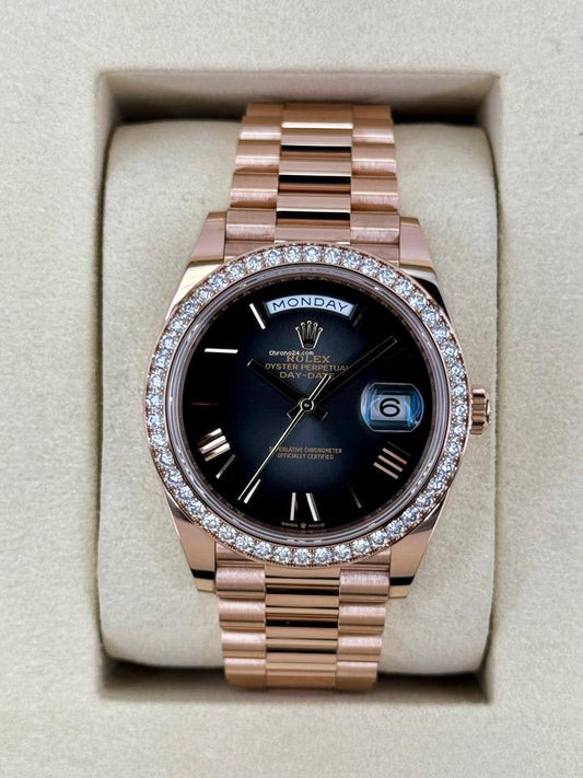 Rolex Datejust Women's Automatic Rose Gold Watch with Black Dial & Diamond-Style Bezel (President Bracelet)