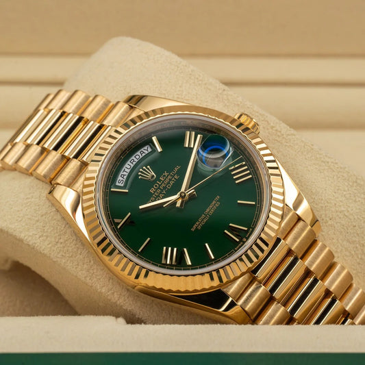 Rolex Day-Date Men's Automatic Gold Watch with Green Dial & Fluted Bezel (President Bracelet)
