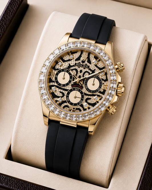 Luxury Skeleton Chronograph Watch with Diamond-Style Bezel & Black Rubber Strap