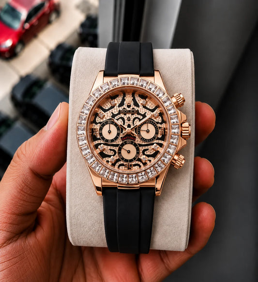 Luxury Rose Gold Skeleton Chronograph Automatic Watch with Diamond-Style Bezel