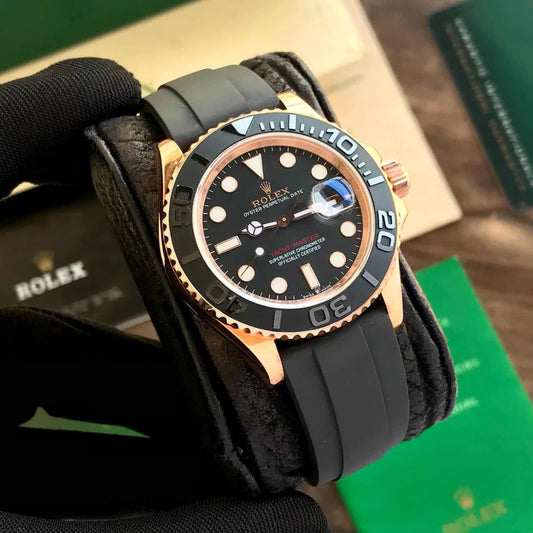 Luxury Black & Rose Gold Diver Automatic Watch with Rubber Strap