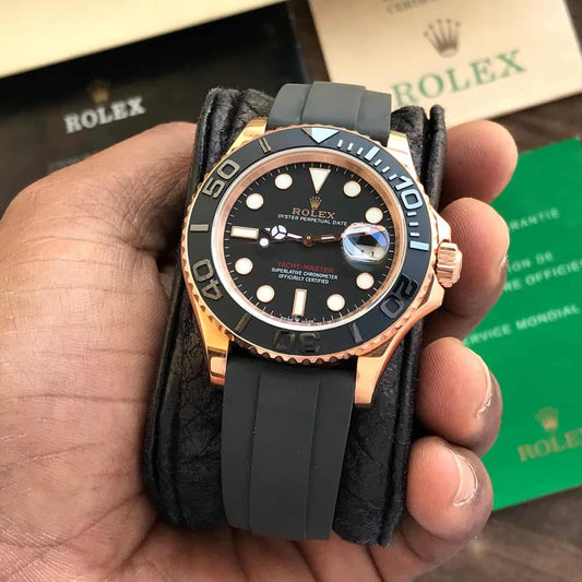 Luxury Black & Rose Gold Diver Automatic Watch with Rubber Strap
