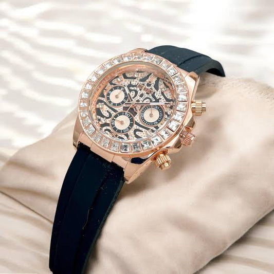 Luxury Rose Gold Skeleton Chronograph Automatic Watch with Diamond-Style Bezel