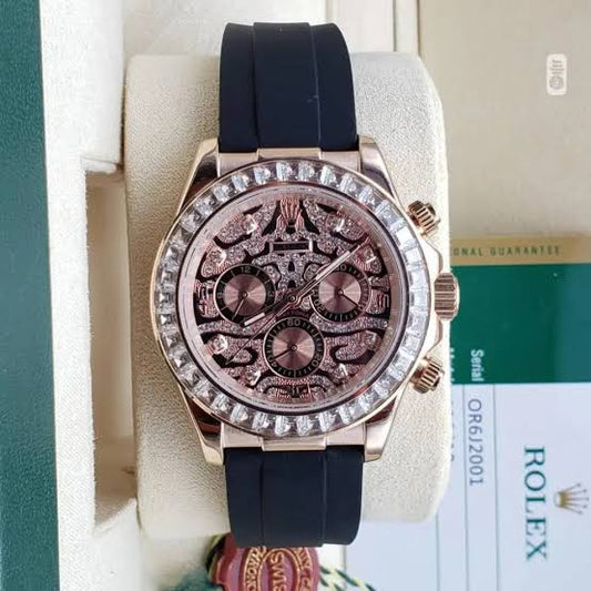 Luxury Rose Gold Skeleton Chronograph Automatic Watch with Diamond-Style Bezel
