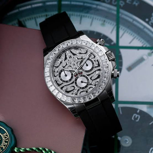 Rolex Cosmograph Daytona Men's Automatic Silver Watch with Skeleton Dial, Diamond-Style Bezel & Black Rubber Strap