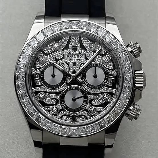 Rolex Cosmograph Daytona Men's Automatic Silver Watch with Skeleton Dial, Diamond-Style Bezel & Black Rubber Strap